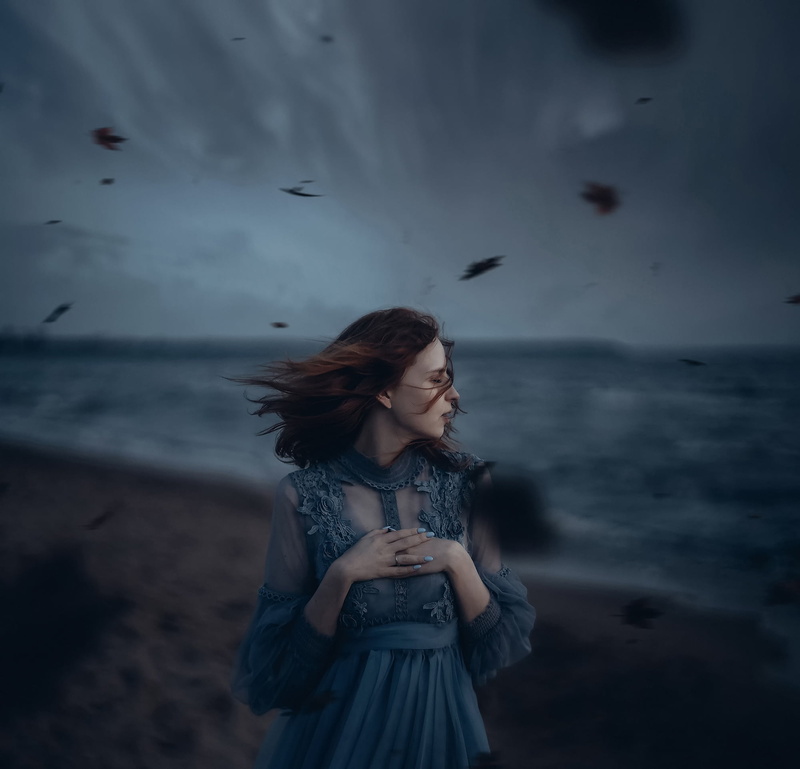 storm, girl, 1080P, the wind, shore, Alexander Shark