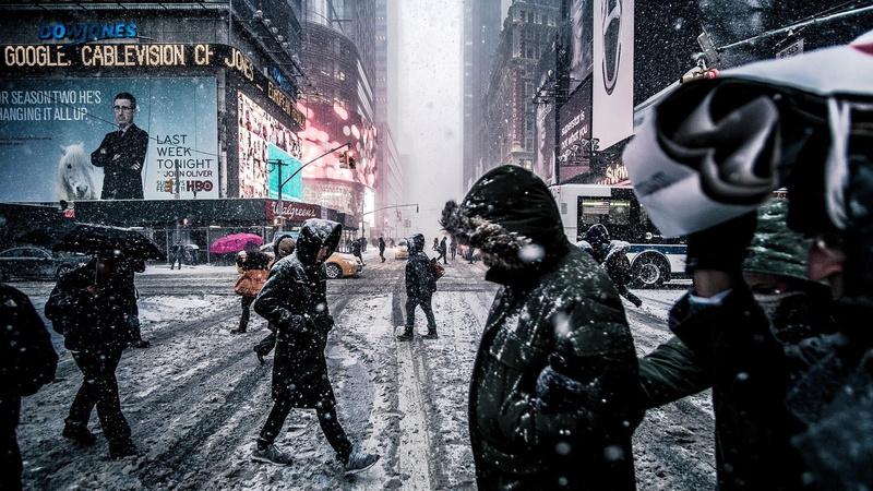 clothing, group of people, new york city, wet, snowing, men, day, street view, adult, warm clothing, street, walking, real people, road, united states