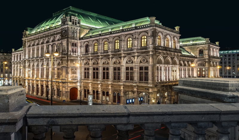 State Opera, night, road, lights, bridge, Palace, the parapet, Austria, Vienna, 2K