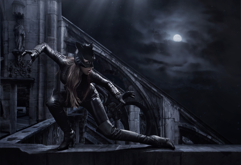 costume, Catwoman, mask, 4K, pose, boots, night, the parapet, the moon