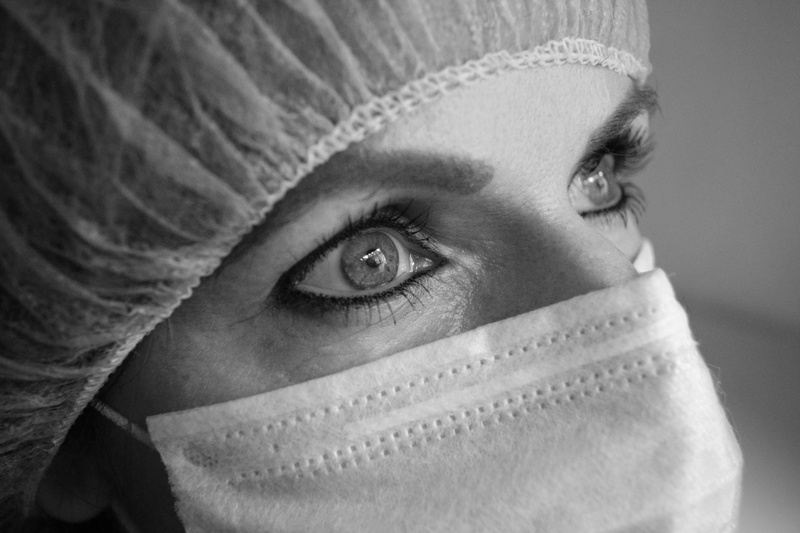 young adult, black and white, eyebrow, sensory perception, woman, adult, eyelash, eye, mask, indoors, human body part, human eye, portrait, 4K, nurse
