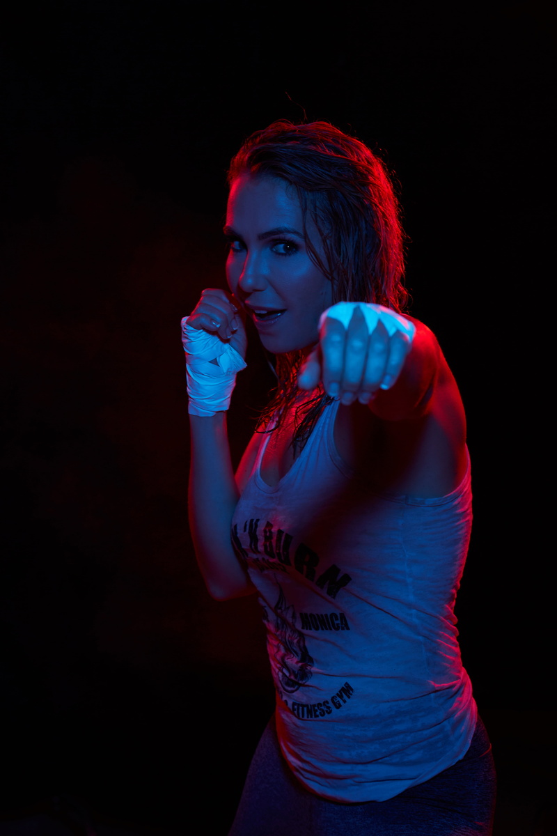 wet, 5K, model, Studio, black background, blonde, blouse, pants, women, neon, shoulder length hair, gym clothes, HollyRandall, Holly Randall (Woman)