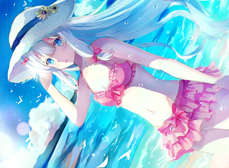 eyes, blue, long, eromanga-sensei, white, bow, sky, flowers, sagiri, wet, clouds, 252409, konachan, bird, com, animal, 720P, izumi, iceblue, water, navel