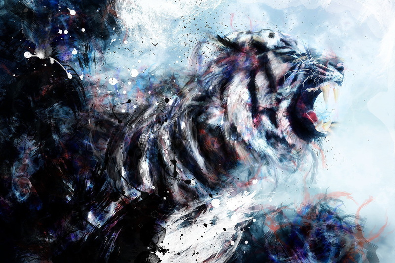 paint, tooth, jaws, tiger, teeth, drawing, 1080P