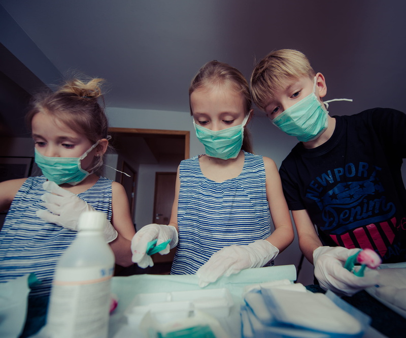 girls, masks, healthcare, boys, dental equipment, group, playing, males, surgeon, real people, young, concentration, indoors, boy, wearing, kids, group of people