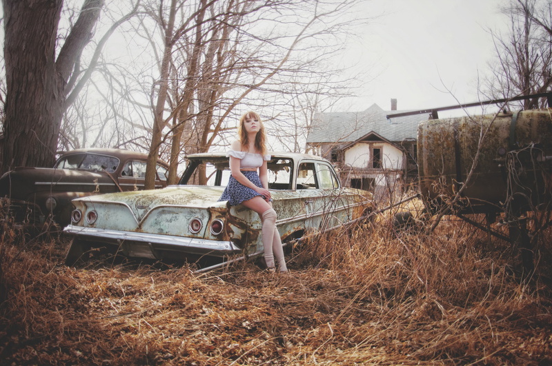 trees, skirt, overcast, sitting, abandoned car, leggings, white tops, winter, 4K, house, women outdoors, abandoned, car, Cari Ann Wayman, women, photography