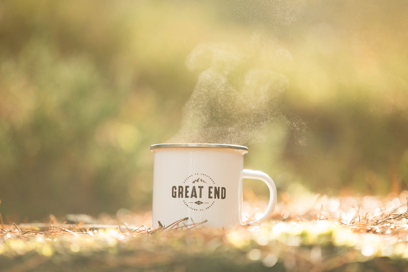 enamel, hotdrink, white, focus on foreground, end, coffee - drink, surface level, bokeh, cup, camping, no people, enamel mug, plant, great, nature, outdoors