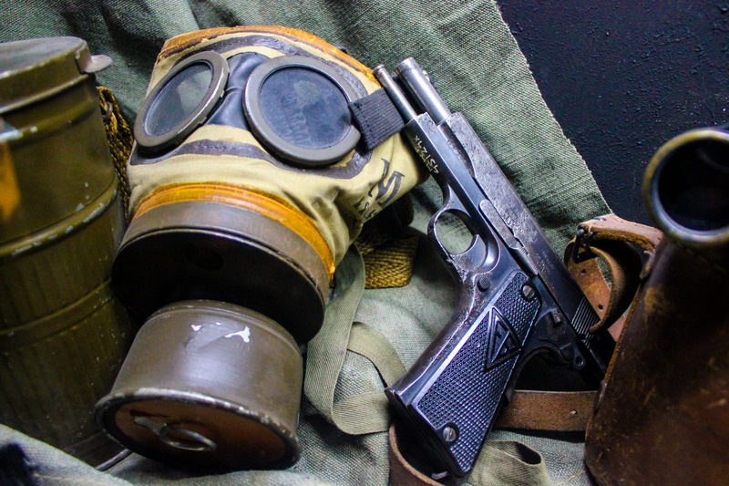 dirty, gás, group of objects, oskar schindlers enamel factory, equipment, protection, kraków, close-up, weapon, safety, oscar schindler museum, poland