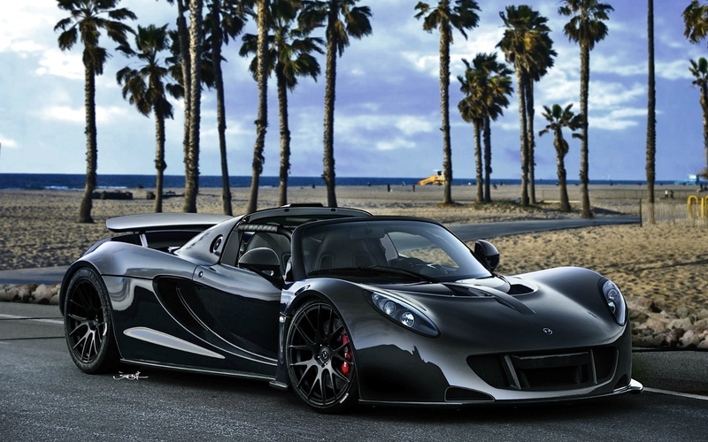 beach, shiny, engine, Hennessey, land, sport, palm tree, the front, day, coupe, design, black, tree, growth, elegance, modern, sea, supercar, outdoors