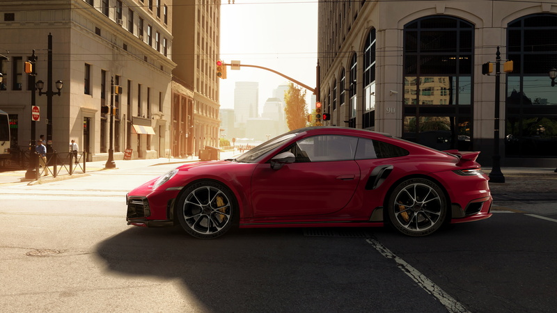 building, Porsche 911 Turbo S, car, Porsche, street, German cars, sports car, 4K, vehicle, red cars