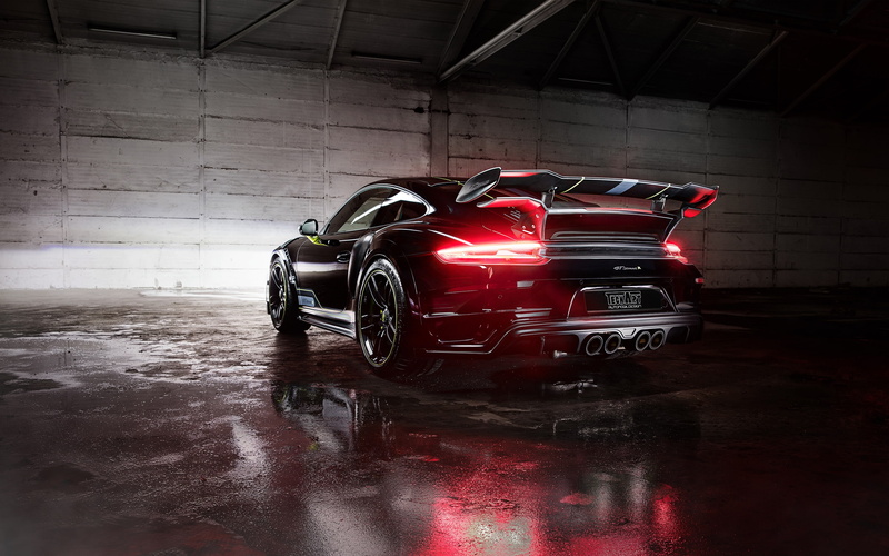 porsche 911 turbo gt, cars, red, mode of transportation, motor vehicle, street, back view, sport, wet, indoors, Vehicle, garage, transportation, city, black