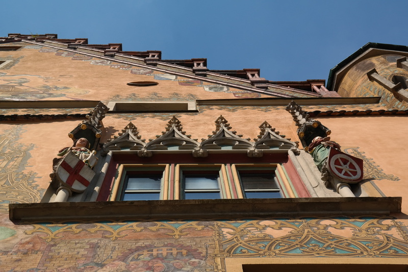 the past, art and craft, Facade, coat of arms, gable, Ulm, house, monument, representation, no people, outdoors, day, Painting, Town Hall, ornate, secco painting