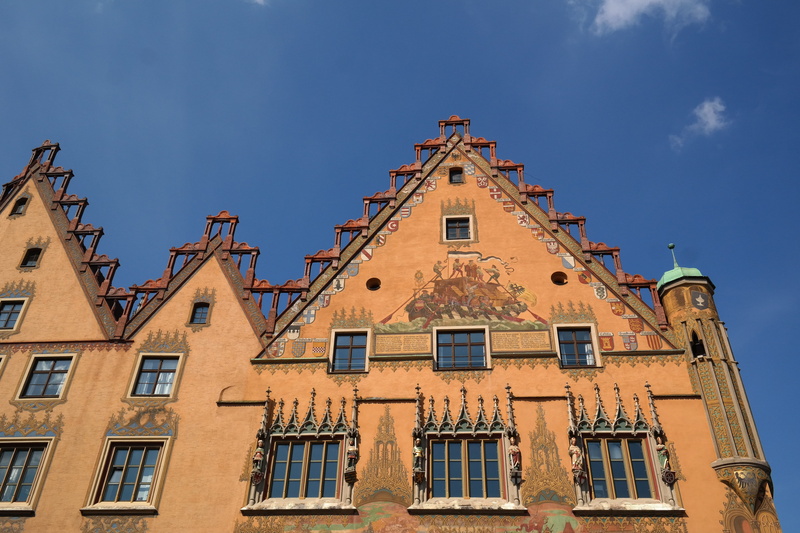 5K, frescoes, architecture, residential district, ulmer hall, city, blue, history, ulm, sky, painting, yellow, cloud - sky, monument, low angle view, building exterior