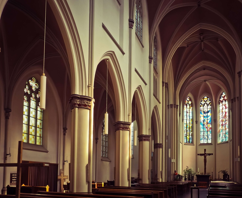 columns, catholic, built structure, ornate, cross, pillars, ceiling, christianity, church, place of worship, gothic style, arch, arches, indoors, religion