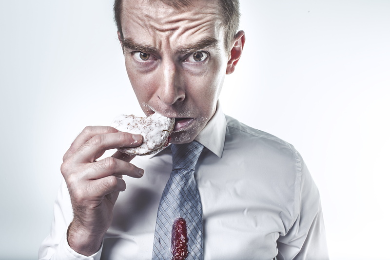hunger, face, food and drink, business person, portrait, white background, shirt, wearing, adult, biscuit, one person, eat, delicious, dessert, 5K, male