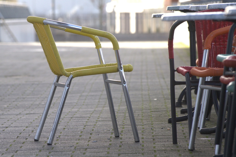 restaurant, absence, outdoors, chair, footpath, day, chairs, bicycle, seat, thinking, sit, furniture, empty, eat, furniture pieces, no people, click, metal