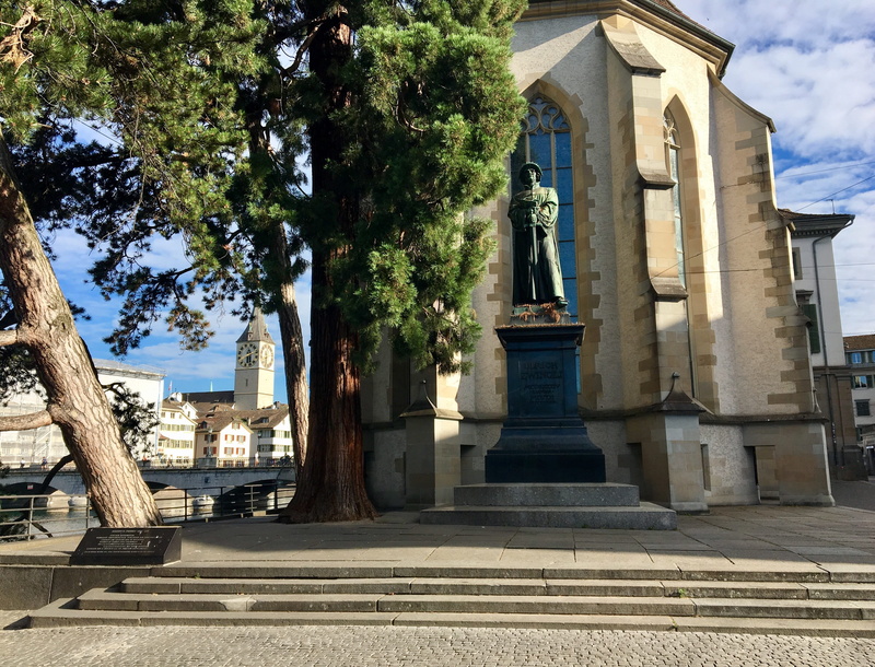 4K, built structure, history, calvinism, switzerland, water church, city, no people, tree, zurich, outdoors, staircase, europe, sculpture, grossmünster