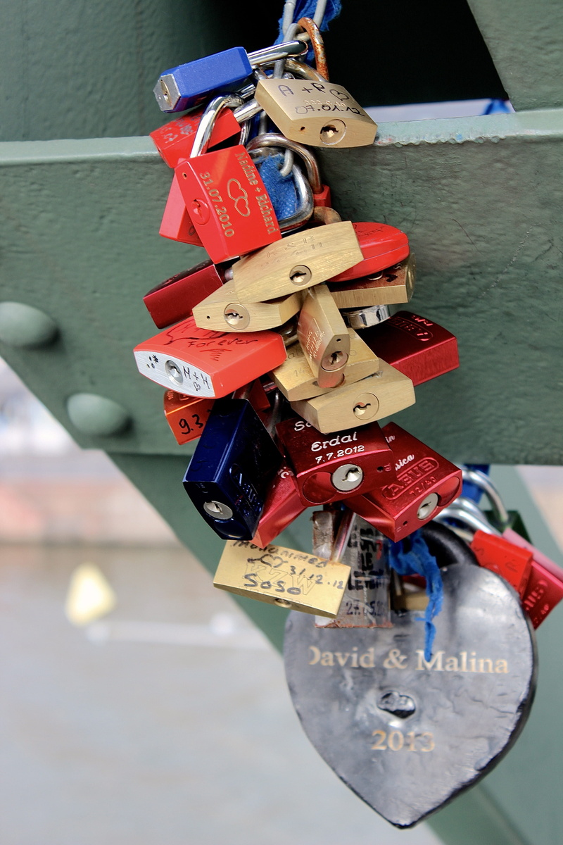 together, bridge - man made structure, railing, communication, padlock, Lock, outdoors, Love, positive emotion, emotion, hanging, connection, devoured