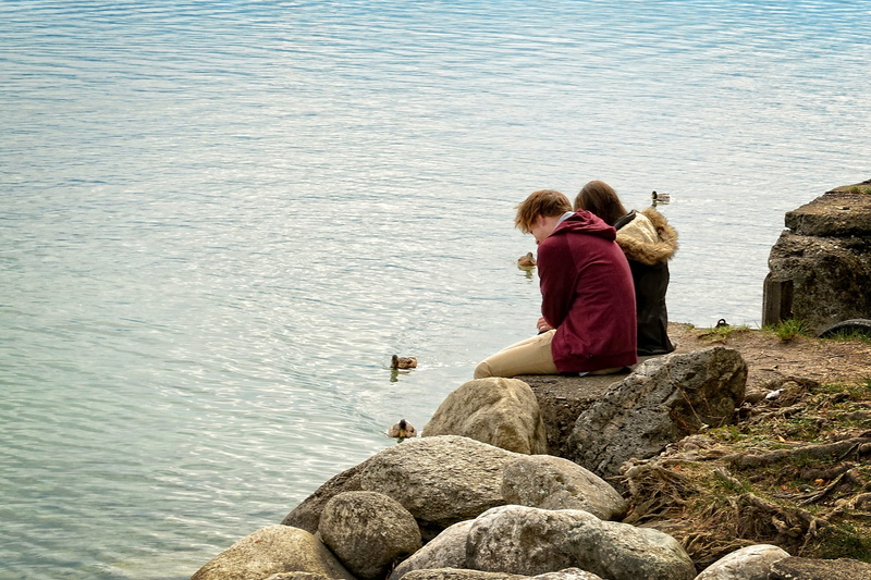 friendship, casual clothing, together, love symbol, connection, love oath, real people, promise, 2K, rock, lake, sitting, girls, outdoors, solid, couple