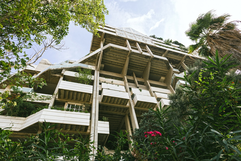 built structure, tree, palm tree, wooden, concrete, flora, low angle shot, cloud - sky, green, leafed, outdoors, white, day, trees, surrounded, architecture