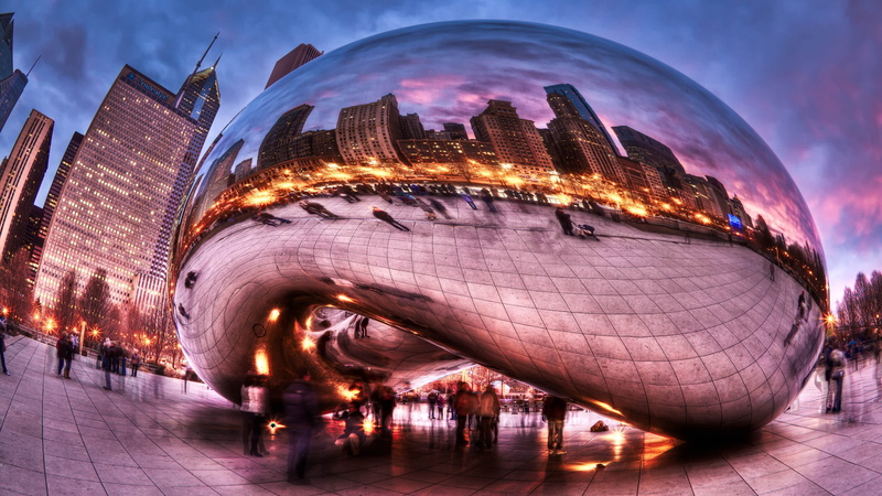 arts culture and entertainment, office building exterior, landmark, dusk, 4K, cityscape, millennium park, the bean, tourist attraction, building exterior