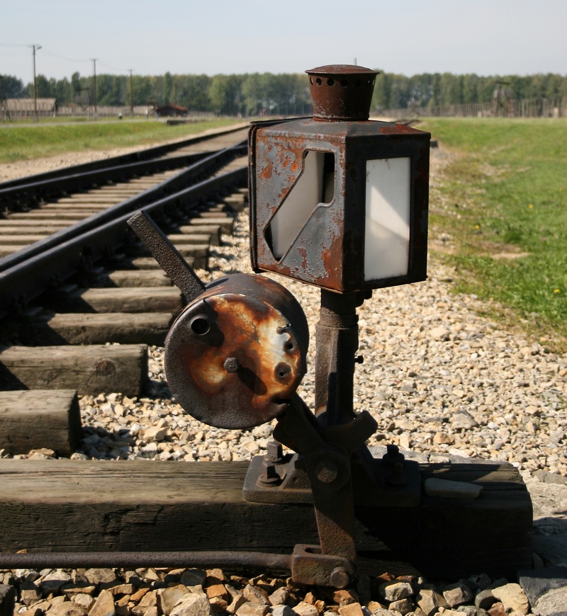 iron - metal, train - vehicle, oswiecim, old, land, machinery, mode of transportation, train, concentration camp, track, indicator lamp, lever, focus on foreground