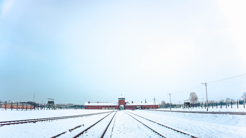 poland, covering, day, snow, auschwitz ii-birkenau, white color, scenics - nature, winter, sky, krakow, camp, cold temperature, transportation, railroad track
