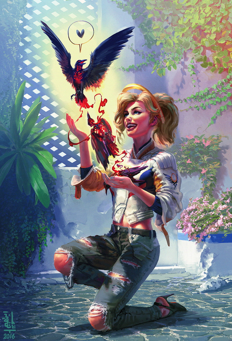 jeans, Ibrahem Swaid, cheerful, bird, young women, plants, full length, young adult, women, animal wildlife, positive emotion, happiness, Overwatch, Mercy (Overwatch)