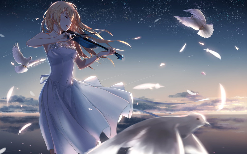 violin, beautiful woman, freedom, sunlight, young women, fashion, young adult, 1080P, anime, women, peach, woman, lifestyles, happiness, kaori miyazono