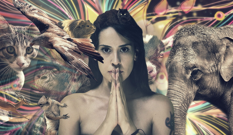 looking at camera, mouse, headshot, digital composite, female, cosmos, animals, art and craft, animal wildlife, body paint, forest, indoors, front view
