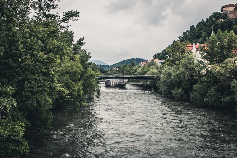 murinsel, nature, flowing water, austria, mur, city, waterfront, bridge - man made structure, graz, 5K, beauty in nature, mountain, island, transportation