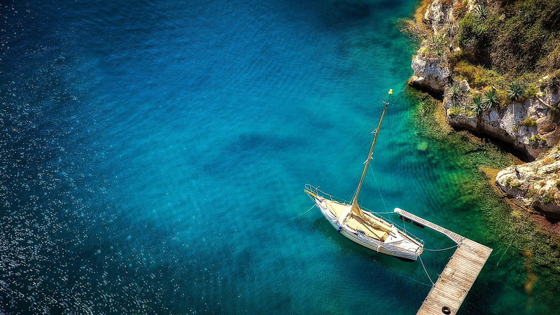 tranquil scene, mode of transportation, land, landscape, turquoise colored, water, sun, high angle view, boat, no people, blue, beauty in nature, yacht