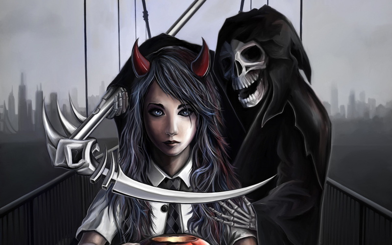 grim reaper women skull skeleton bones digital art scythe horns bridge devils death spooky cityscape, 2K