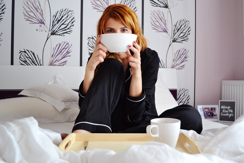 drinking, hairstyle, home, girl with cereal bowl, refreshment, girl, contemplation, indoors, female, young adult, bowl, coffee, breakfast in bed, drink