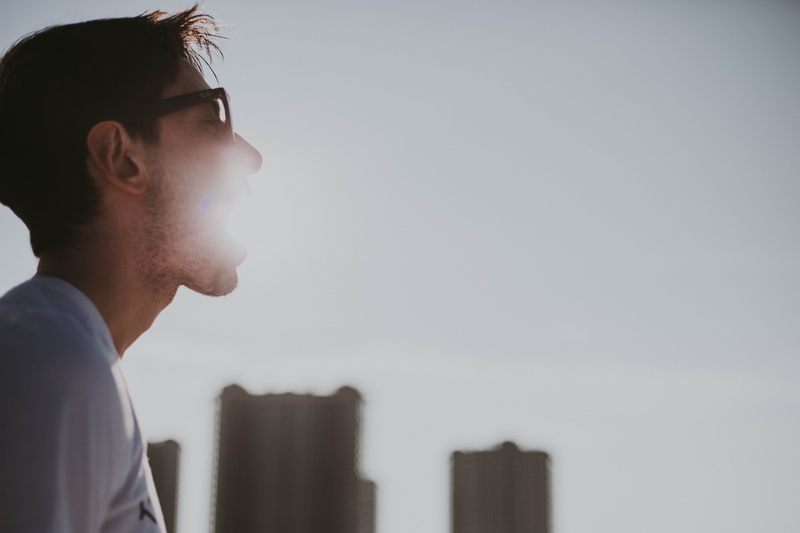 skyscraper, close-up, sun, glasses, young adult, beach, 5K, portrait, adult, young men, looking away, copy space, sunshine, playful, white, profile view