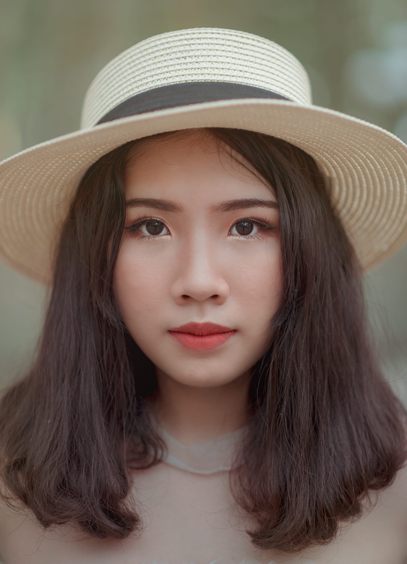 adult, young, beautiful, photoshoot, bucket, wear, blurred background, facial expression, close-up, lips, eyes, face, clothing, outdoors, hair, portrait