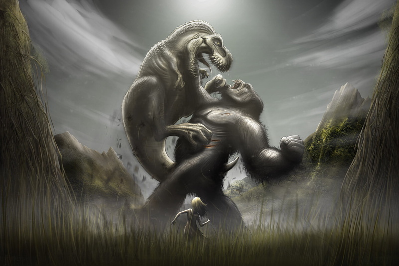 Dinosaur, Fantasy, Battle, King Kong, 1080P, Tyrannosaurus Rex, Girl