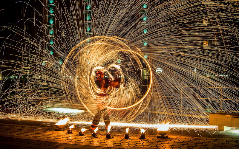 warning sign, light, blurred motion, fire juggling, burning, real people, leisure activity, standing, lifestyles, fire - natural phenomenon, 2K, sparks