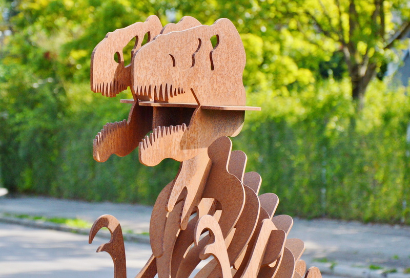 close-up, day, dino, nature, stainless, sign, artwork, metal, t rex, hagbard, green color, no people, sculpture, giant lizard, carnivorous dinosaurs, brown