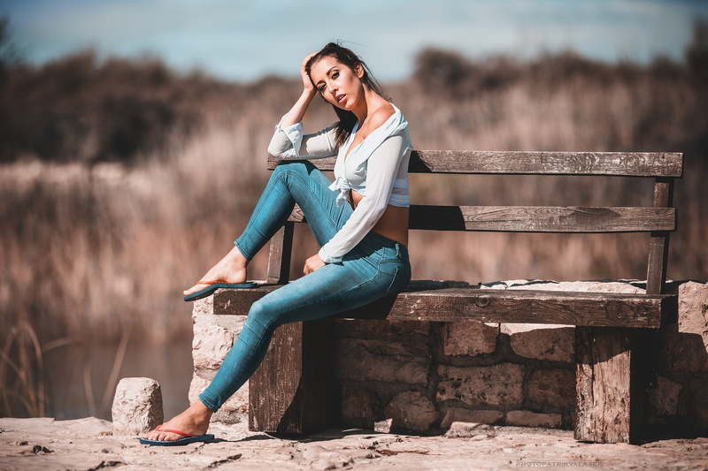sitting, jeans, bench, short tops, brunette, clouds, women outdoors, flip flops, model, women, 1080P, trees, Patrik Valasek