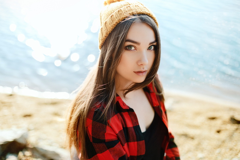 young adult, water, hair, scarf, blonde, photoshoot, beach, long hair, warm clothing, shirt, sunny day, nature, autumn nature, portrait, hairstyle, young women
