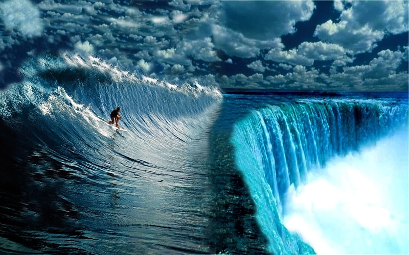 surfing, aquatic sport, one person, flowing water, painting, real people, nature, water, wave, man, motion, leisure activity, 3D, day, sky, waterfall, cloud - sky