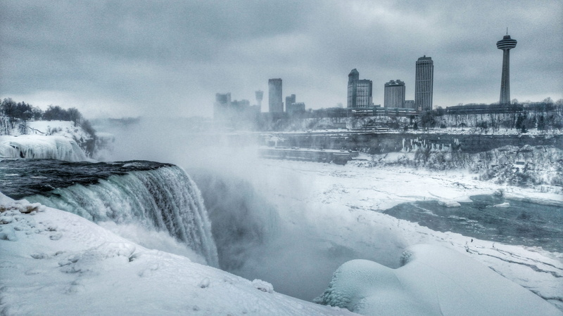 spray, river, cold temperature, winter, frozen, water, office building exterior, lapse, mist, rapids, snow, skylon tower, scenic, usa, building exterior