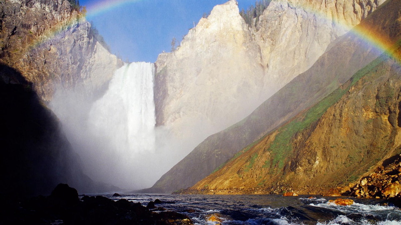 nature and landscapes, falls, 1080P, rainbow, cliffs, river, lower, wyoming, waterfalls