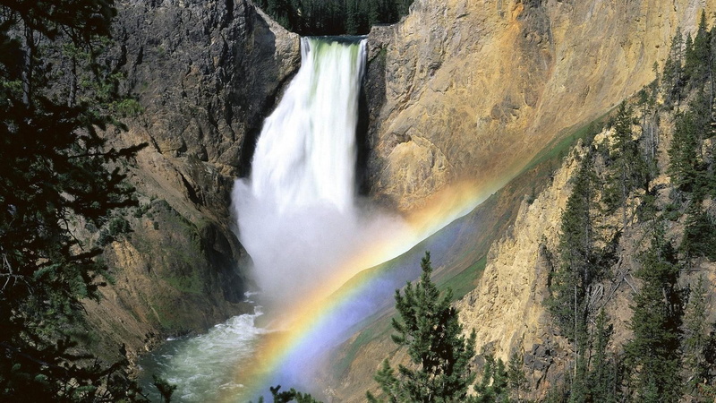 cliff, wonderful, wyoming, 1080P, nature and landscapes, tree, rainbow, gorge, waterfalls, photo, falls