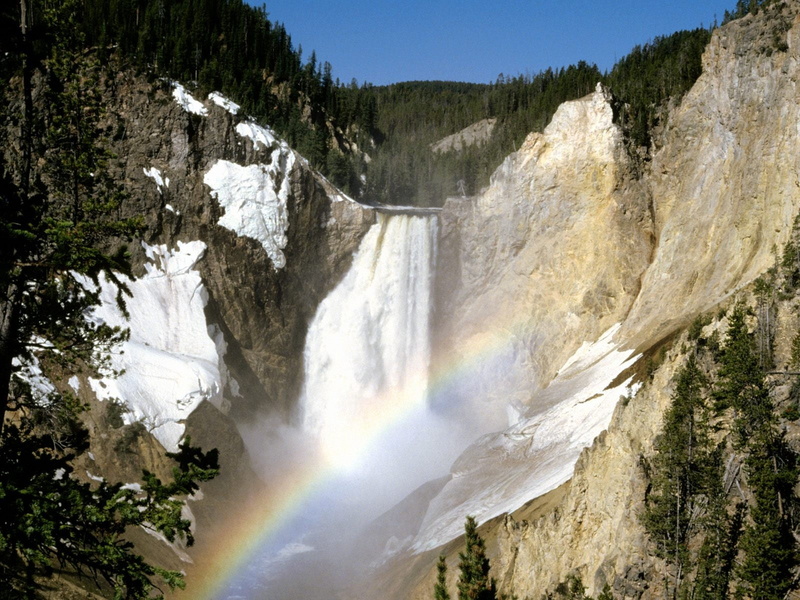 vegetation, land, mountain, power in nature, rock - Object, scenics - nature, motion, rainbow, waterfall, scenics, national Park, tree, stream, wyoming