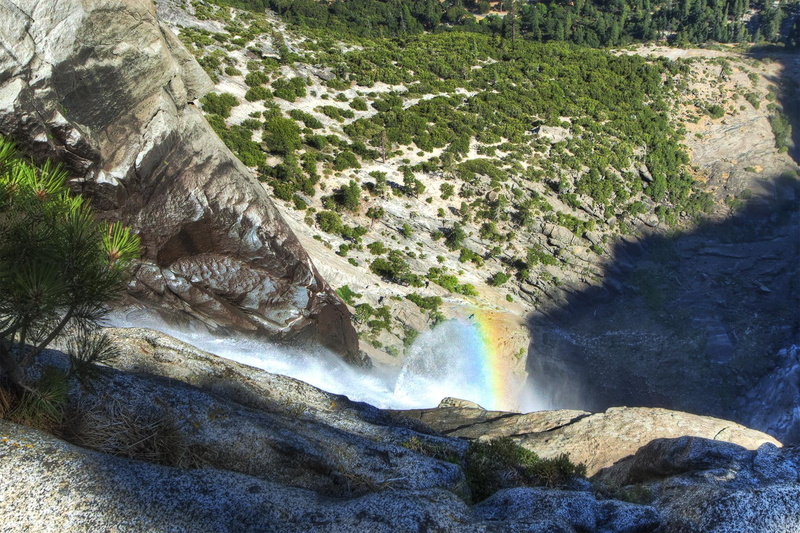 falls, 1080P, nature and landscapes, waterfall, bushes, cliff, rainbow