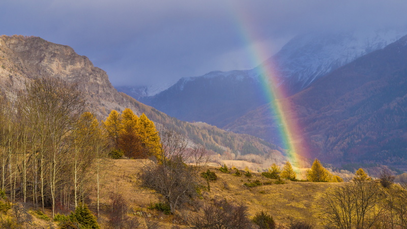 no person, mountain, landscape, tranquil scene, plant, autumn, valley, cloud - sky, no people, mountain range, non-urban scene, beauty in nature, rainbow