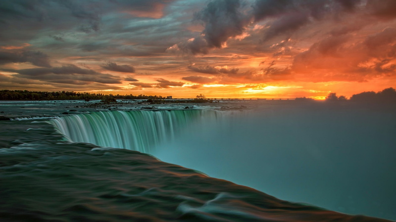water, flowing water, idyllic, landscape, non-urban scene, nature landscape sunset clouds water niagara falls waterfall long exposure trees stones canada ontario