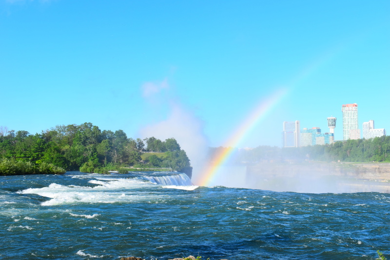 flowing water, outdoors, clear sky, nature, spraying, no people, 5K, day, sky, scenics - nature, city, niagara, rainbow, motion, office building exterior